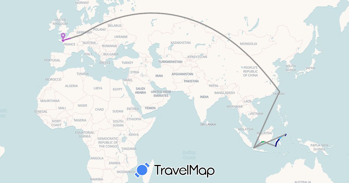 TravelMap itinerary: driving, bus, plane, train, boat in Germany, France, Indonesia, Taiwan (Asia, Europe)