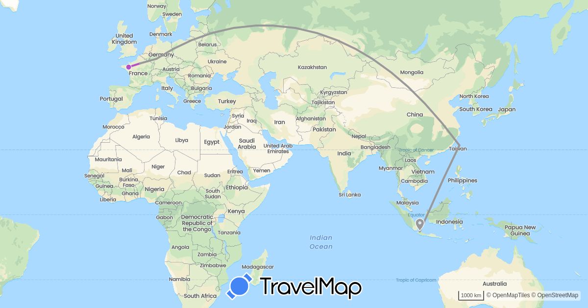 TravelMap itinerary: driving, plane, train in Germany, France, Indonesia, Taiwan (Asia, Europe)